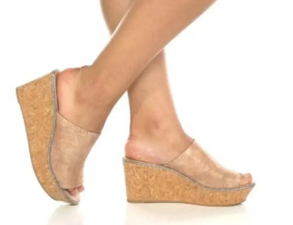 Johnston And Murphy NEW Jade Metallic Suede Cork Wedge Heel Slip On Sandal 7M